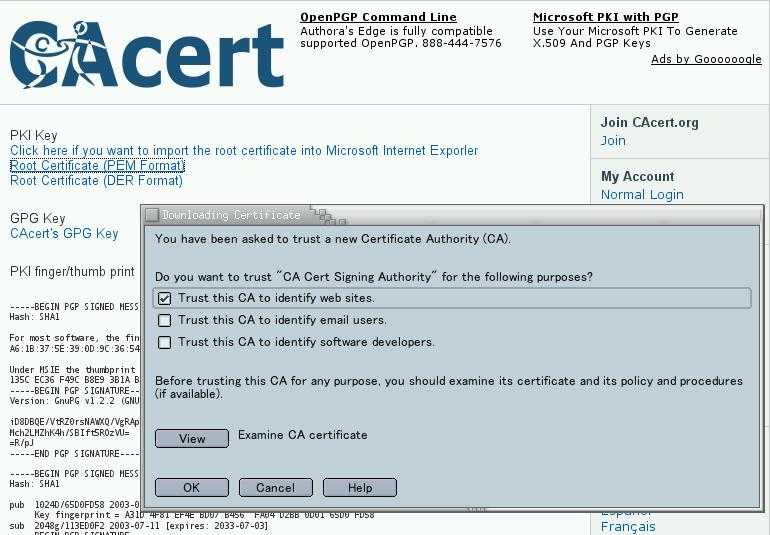 Mozilla CAcert Root key import